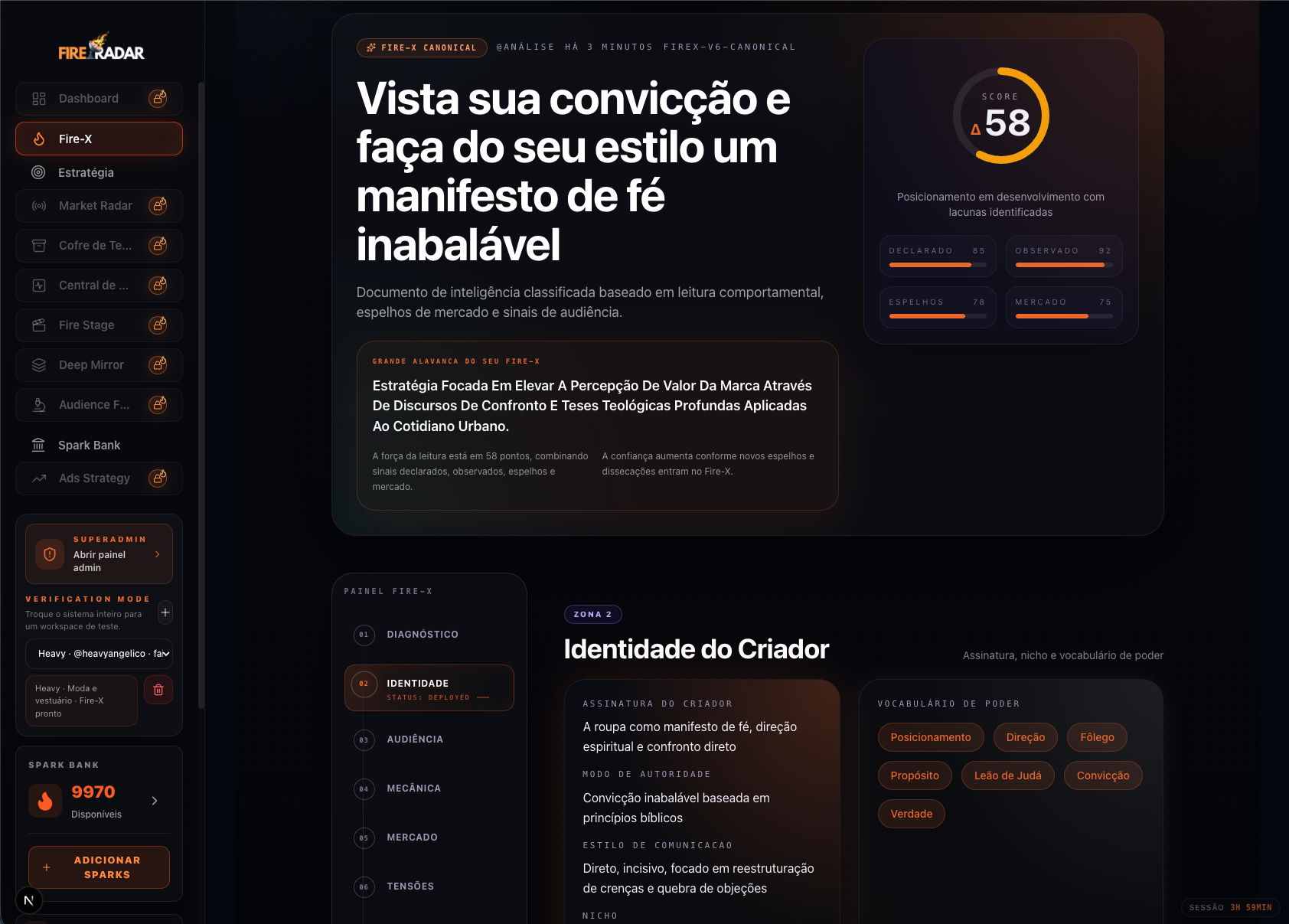 Interface real do Fire-X mostrando tese central, score de leitura, grande alavanca estratégica e vocabulário de poder.