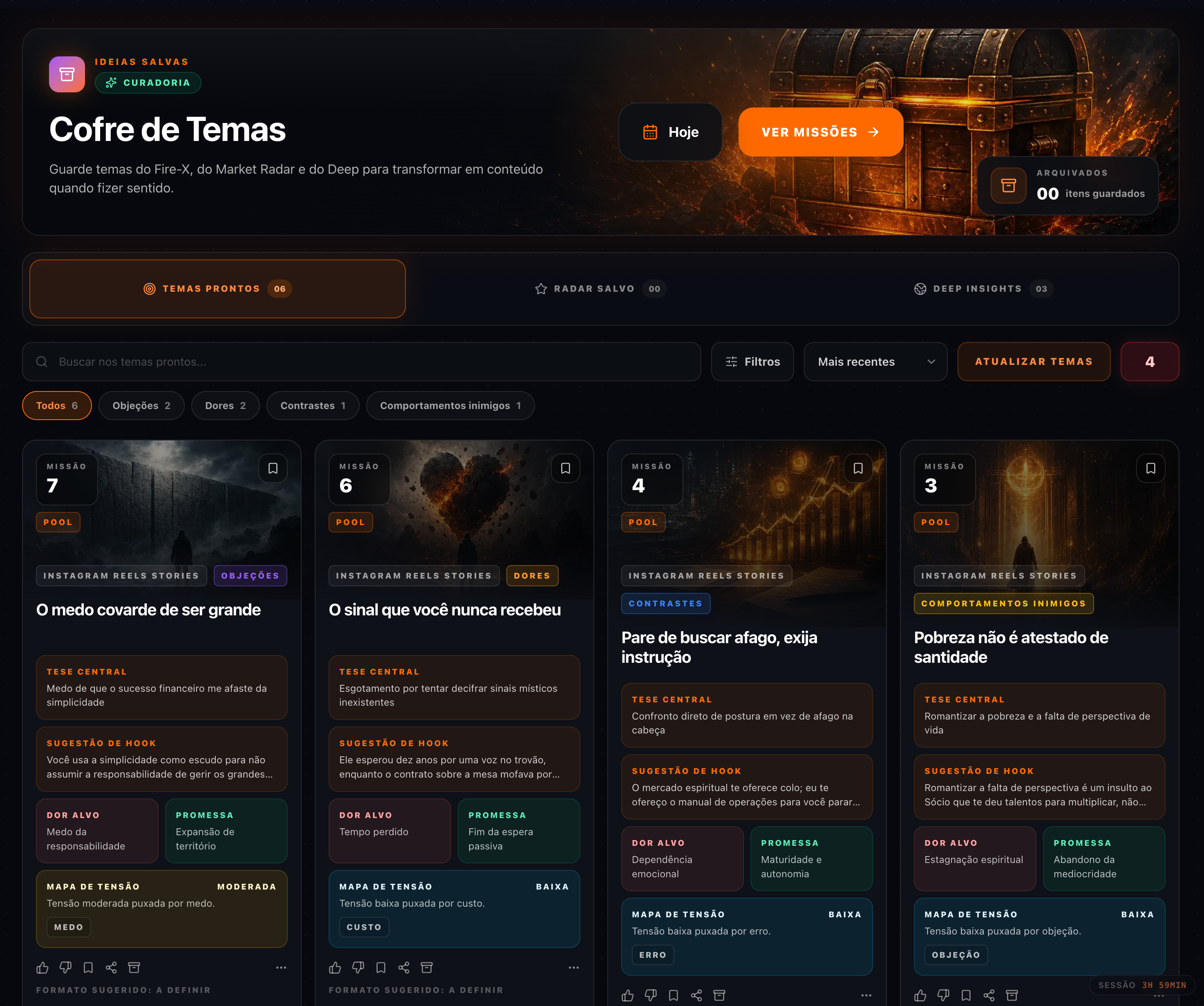 Interface real do Cofre de Temas mostrando curadoria, filtros e cards prontos para virar missão.